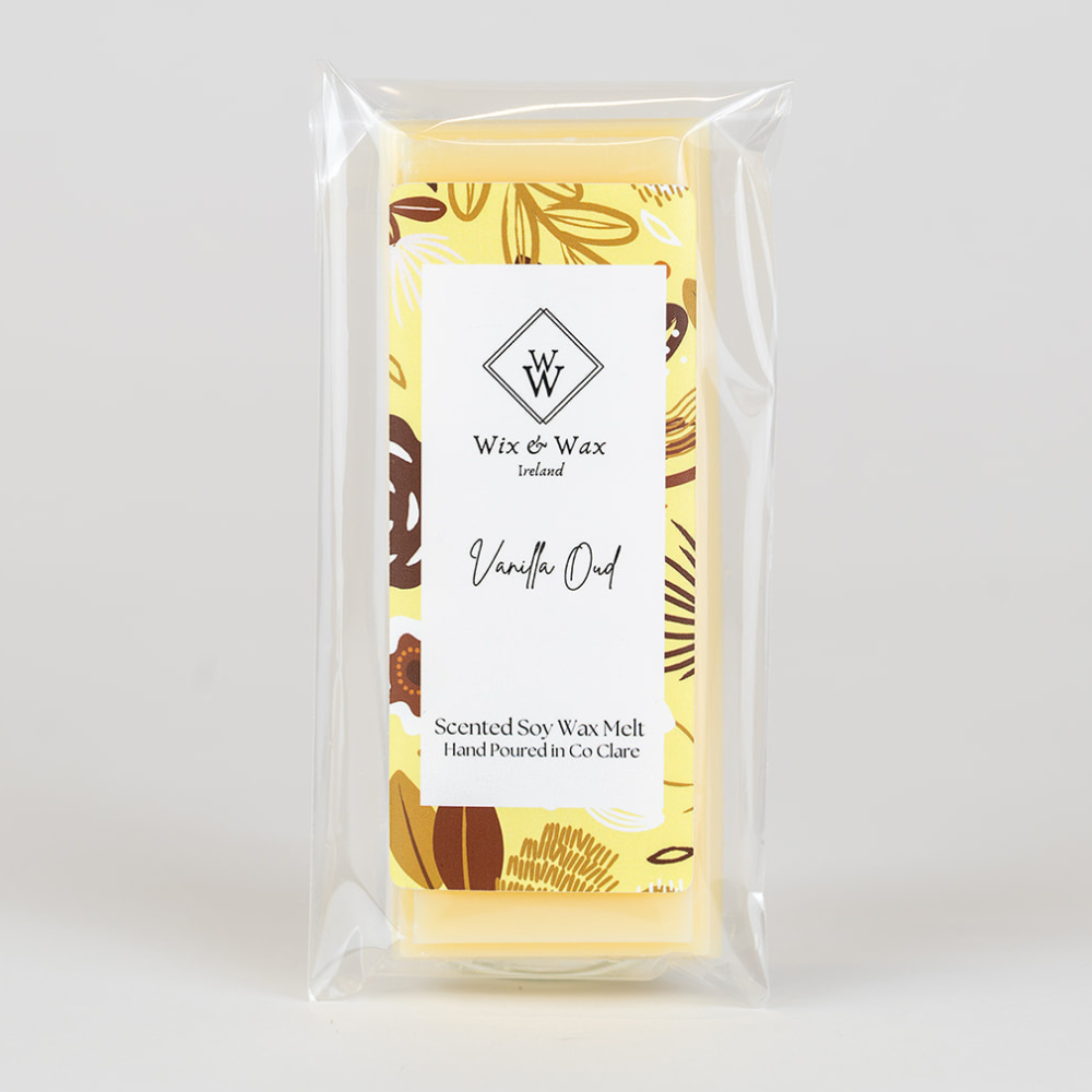 Wax melt packaging with vanilla and oak design on a white background