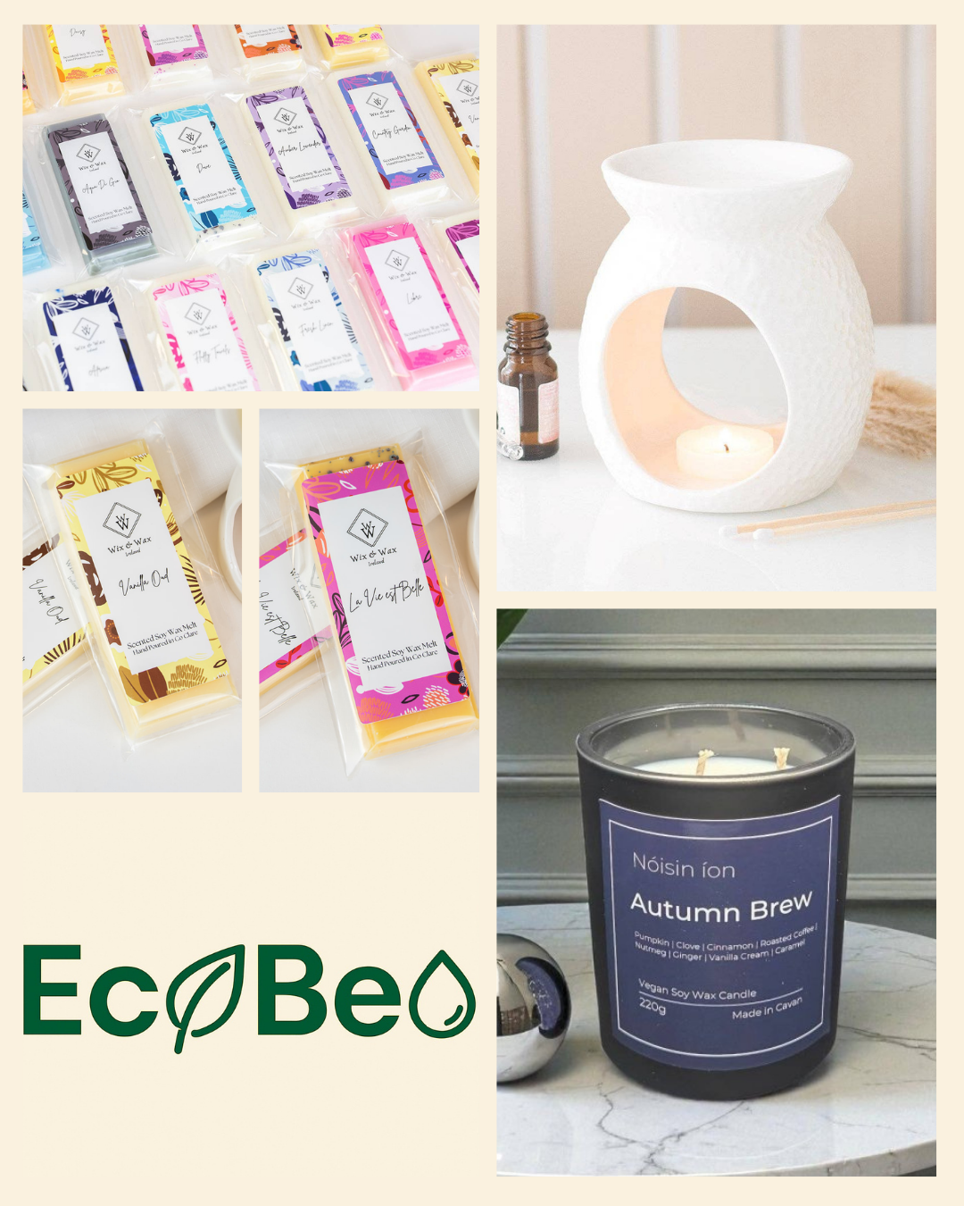 A collage showing multiple packaged bath and body products, a white textured candle warmer with a lit candle, and a black jar candle labeled 'Nosein ion Autumn Brew' with the EcoBe brand logo at the bottom left.